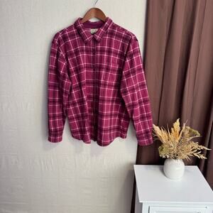 L.L.Bean XL Pink Plaid Fleece Button Up Shirt Long Sleeve Polyester Warm